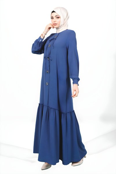 İndigo Çiçek Detaylı Eteği Büzgülü Önden Fiyonk Tesettür Elbise