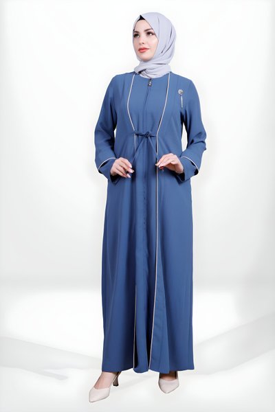 İndigo Fermuarlı Önden Bağlamalı Biye Detaylı Ferace