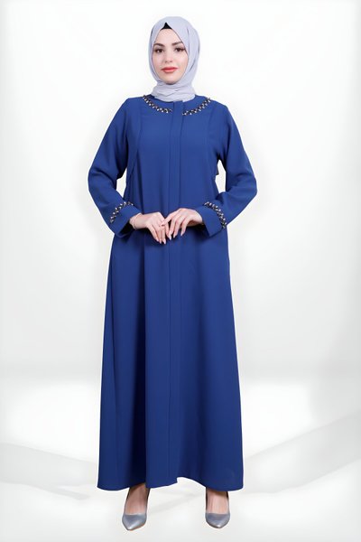 İndigo Fermuarlı Yaka Kol İşlemeli Ferace