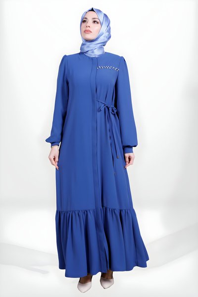 İndigo Fermuarlı Yandan Bağlama Detaylı Eteği Büzgülü Ferace