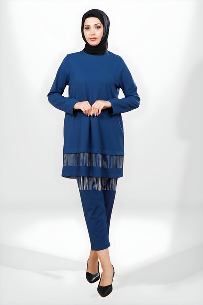 İndigo İkili Püsküllü Tesettür Takım