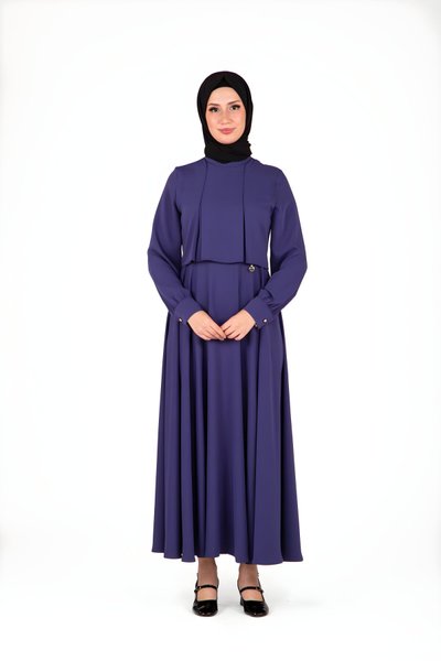 İndigo Omuzları Pileli Tesettür Elbise