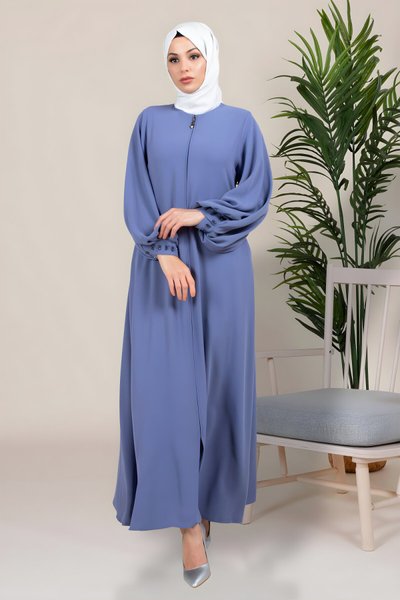 İndigo Samyeli Kloş Kol Manşeti Boncuklu Ferace