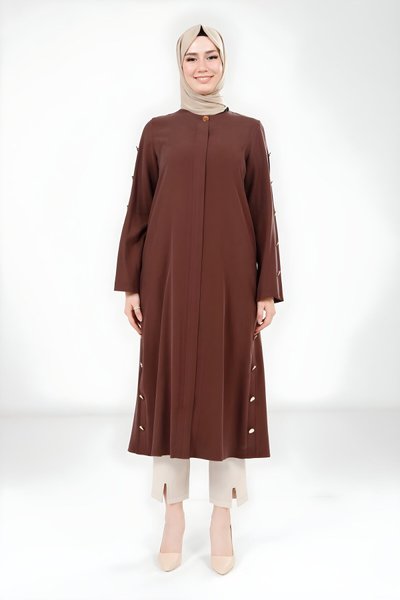 Kahve Giy Çık Düğme Detaylı Kap