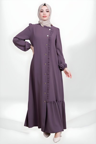 Kahve Kolu Lastikli Düğmeli Fırfır Detaylı Ferace