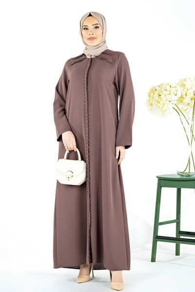 Kahverengi Arhavi Yakası Pili Katlama Detaylı Ferace