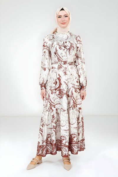 Kahverengi Baskılı Kemerli Tesettür Elbise