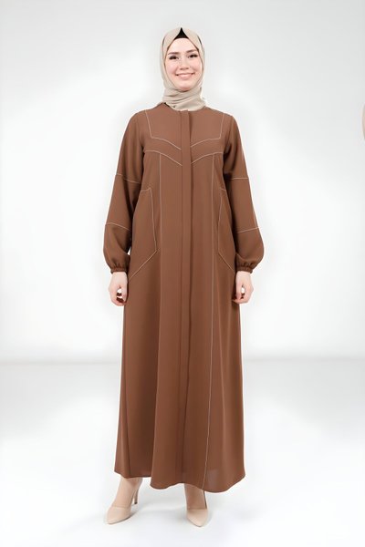 Kahverengi Çizgi Detaylı Cepli Ferace