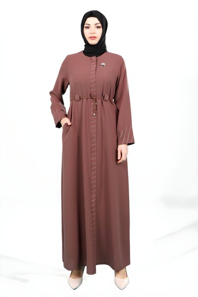 Kahverengi Çizgi Detaylı Fermuarlı İnce Kuşaklı Yandan Cepli Ferace