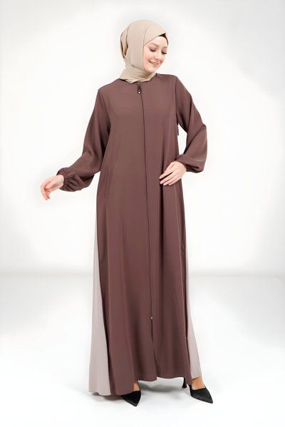 Kahverengi Fermuarlı Çift Ferace