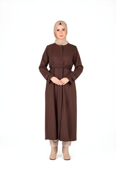 Kahverengi Kemer Detaylı Tesettür Kaban
