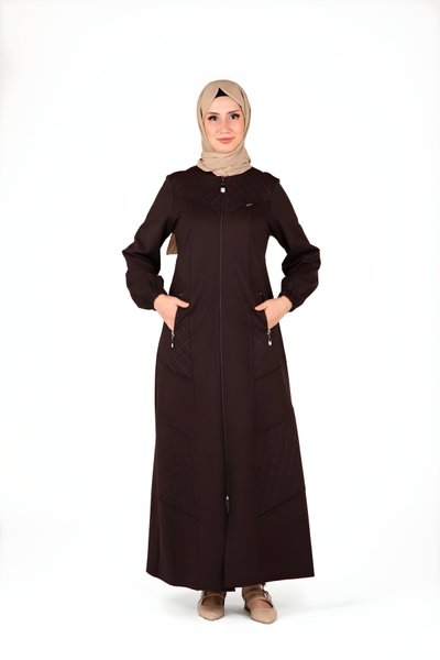 Kahverengi Kolu Lastikli Ön Kısmı Nakış Detaylı Ferace