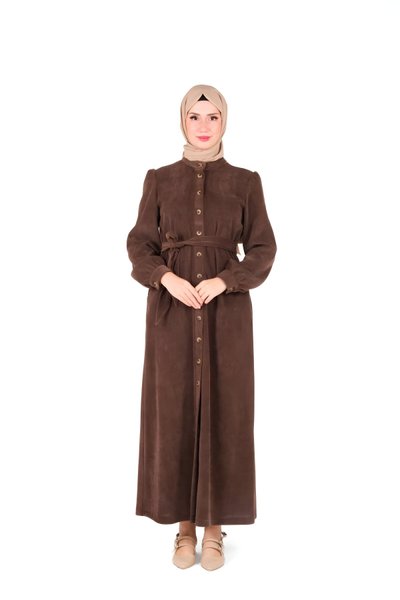 Kahverengi Örme Pat Düğmeli Tesettür Elbise