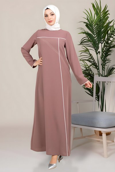 Kahverengi Spor Seden Biyeli Tesettür Elbise