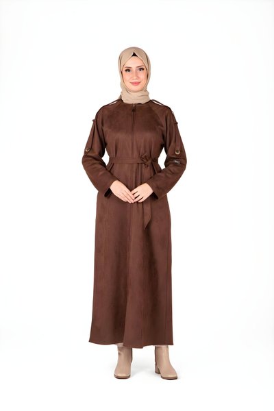 Kahverengi Süet Omuz Kol Detaylı Ferace