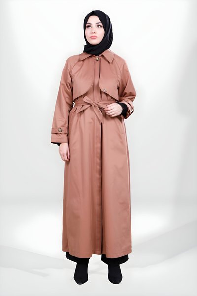 Kahverengi Tam Boy Rüzgarlık Detaylı Kuşaklı Trençkot