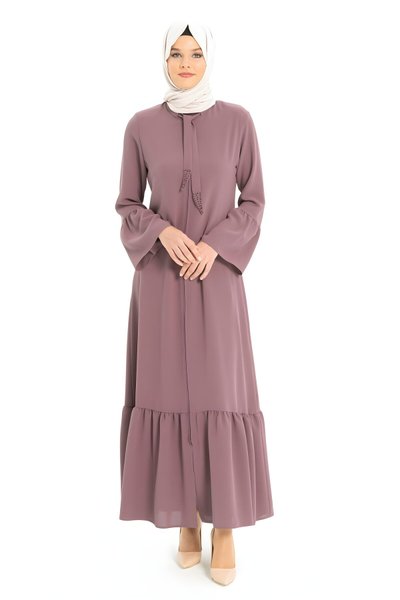 Kahverengi Taş İşlemeli Yakası Bağcıklı Ferace