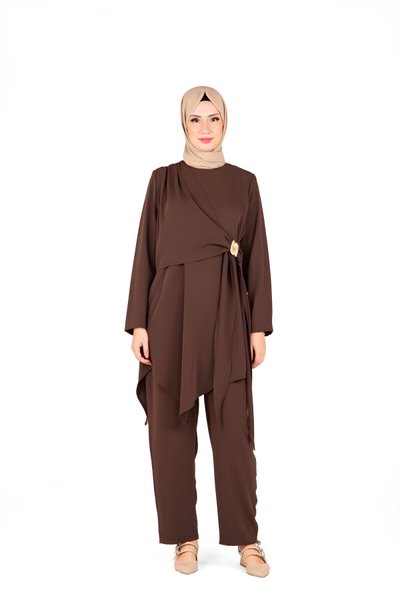 Kahverengi Tunik Pantolon Bel Aksesuar Detaylı Tesettür Takım