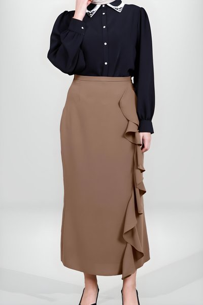 Kahverengi Volanlı Tesettür Etek