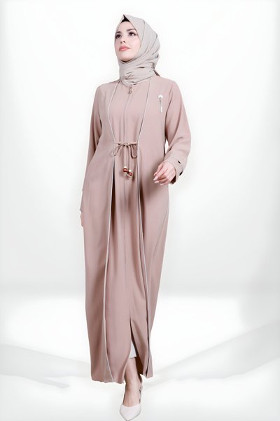 Kapuçino Fermuarlı Önden Bağlamalı Biye Detaylı Ferace