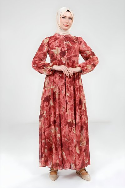 Kırmızı Baskılı Düğmeli Tesettür Elbise