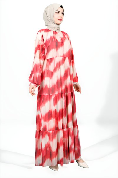 Kırmızı Katlı Tül Tesettür Elbise