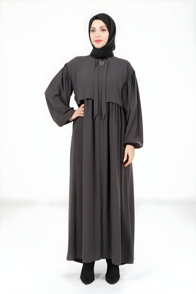 Koyu Gri Bolero Detaylı Yakası Bağlamalı Ferace