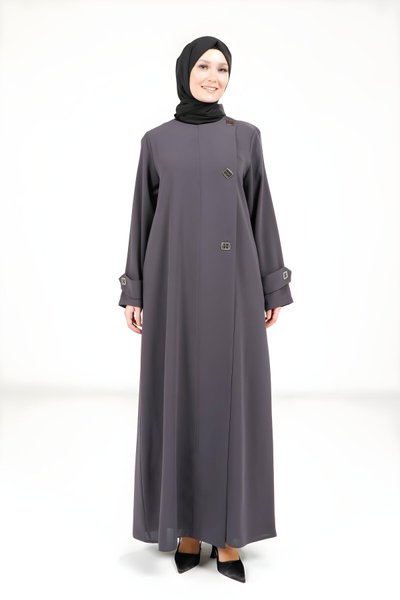 Koyu Gri Düğme Detaylı Ferace