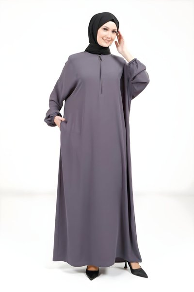 Koyu Gri Yarasa Yakası Fermuarlı Tesettür Elbise