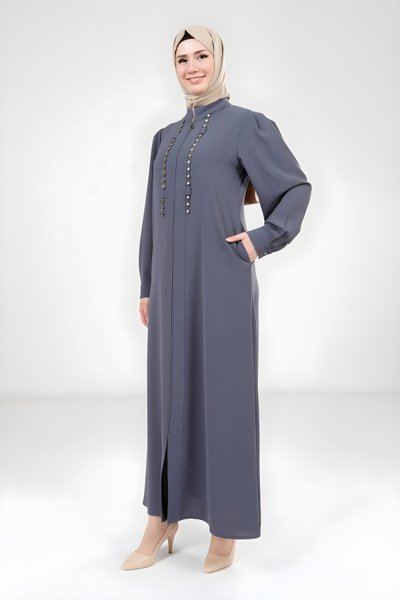 Koyu Gri Zincir Taş Detaylı Ferace
