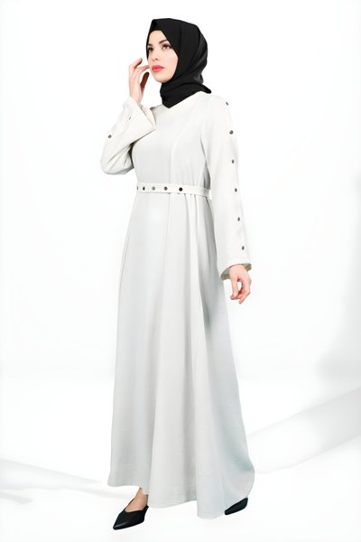 Kuşaklı Taş Çıtçıtlı Düğme Detaylı Tesettür Elbise