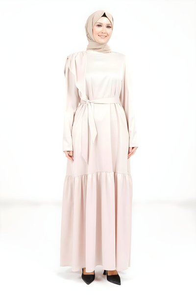 Kuşaklı Taş Omuz Detaylı Saten Tesettür Abiye Elbise