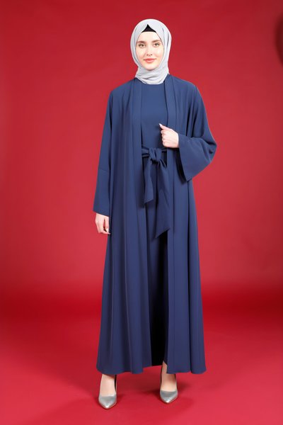 Lacivert Abaya Önü Bağlamalı Geniş Manşet Ferace