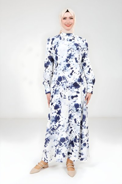 Lacivert Baskılı Seyyar Kemerli Tesettür Elbise