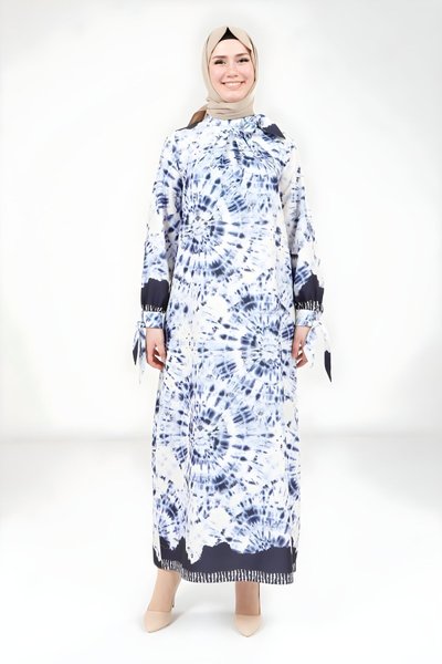 Lacivert Baskılı Tesettür Elbise