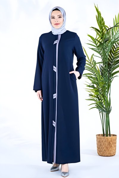 Lacivert Deniz Patı Kontrastlı Boncuk Detaylı Ferace