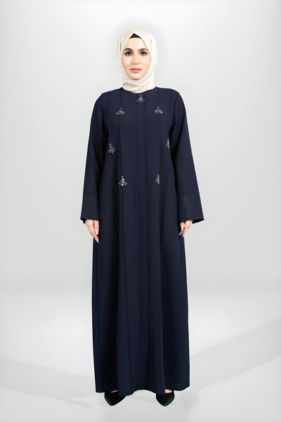 Lacivert Fermuarlı Taş Aksesuarlı Yandan Cepli Ferace