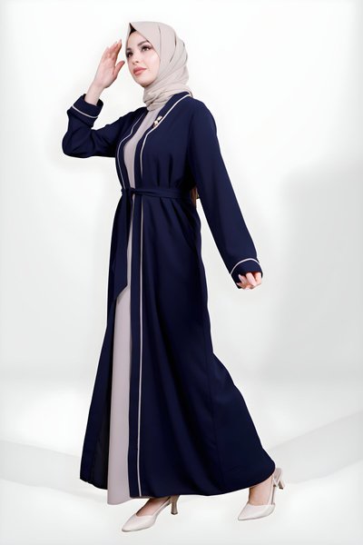 Lacivert İkili Biyeli Broş Detaylı Ferace Takım