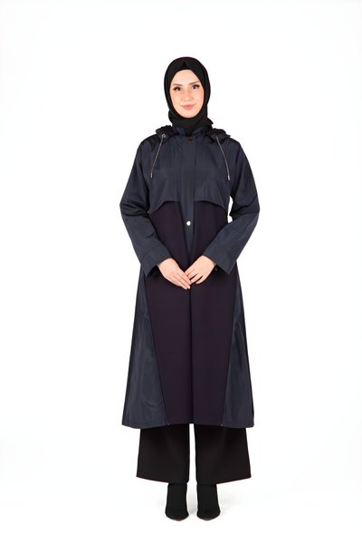 Lacivert Kapüşonlu Fermuarlı Kap