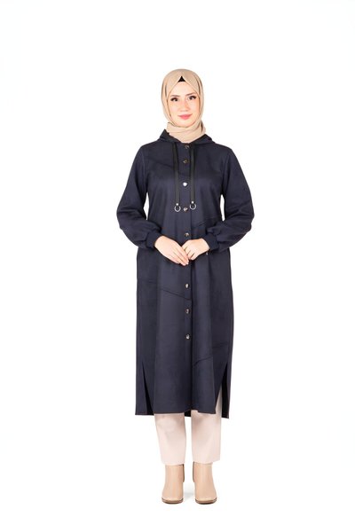 Lacivert Kapüşonlu Önden Düğmeli Giyçık