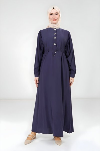 Lacivert Modal Düğme Detaylı Tesettür Elbise