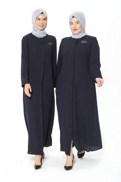 Lacivert Nervür Detaylı Broşlu Ferace