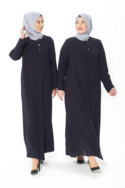 Lacivert Nervür Taş Detaylı Kalın Manşetli Ferace