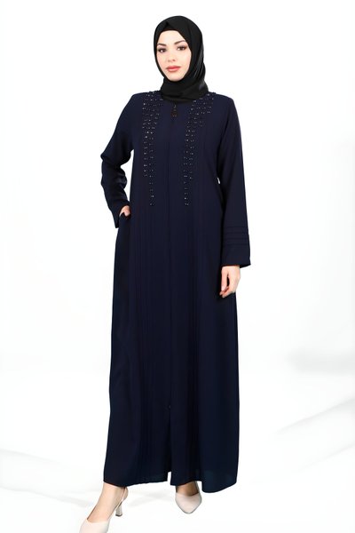 Lacivert Nervürlü Fermuarlı Taş İşlemeli Yandan Cepli Ferace