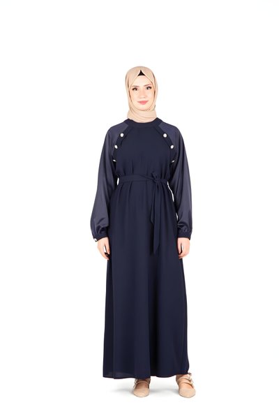 Lacivert Omuz Kısmı Taş Aksesuarlı Tesettür Elbise