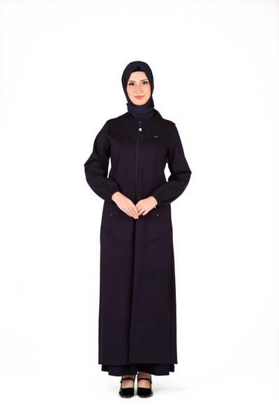 Lacivert Ön Kısmı Nakış Detaylı Kolu Lastikli Ferace