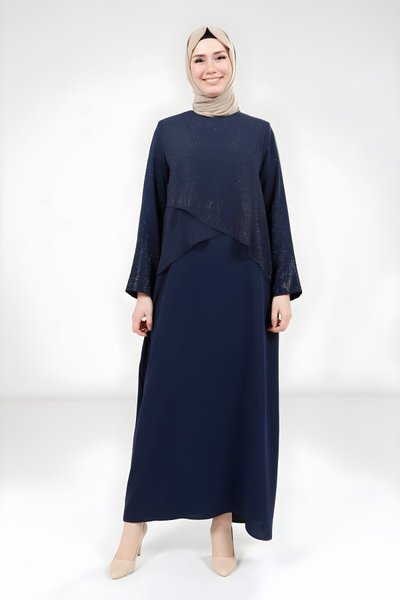 Lacivert Şifon Taş Detaylı Tesettür Elbise
