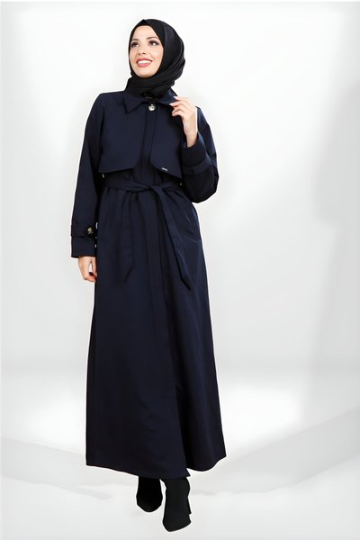Lacivert Tam Boy Kuşaklı Rüzgarlık Detaylı Trençkot