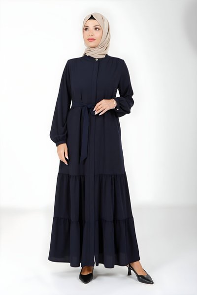 Lacivert Tarsus İki Katlı Büzgülü Seyyar Kemerli Ferace