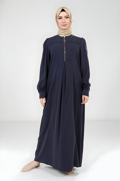 Lacivert Yakası Fermuarlı Tesettür Elbise
